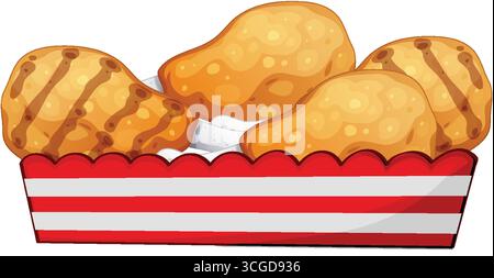 Flat vector illustration of golden chicken nuggets in red-striped tray, clean outlines, bright colors. Stock Vector