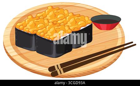 Vector illustration of baked sushi rolls with creamy topping on wooden plate, chopsticks, and sauce. Stock Vector