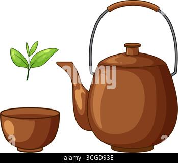 Brown teapot, matching teacup, and green tea leaf in clean vector illustration, white background Stock Vector