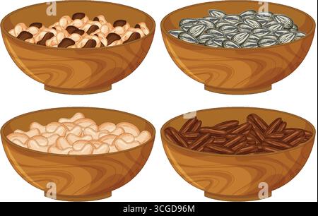 Flat vector illustration of four wooden bowls with assorted nuts and seeds in earthy tones. Stock Vector