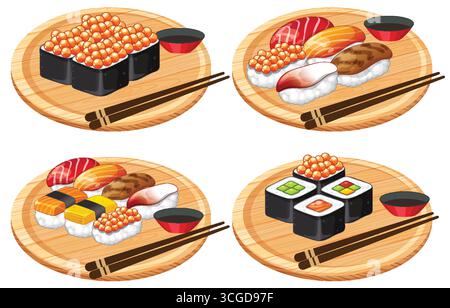 Realistic vector of assorted sushi on wooden plates with chopsticks and soy sauce, top view. Stock Vector