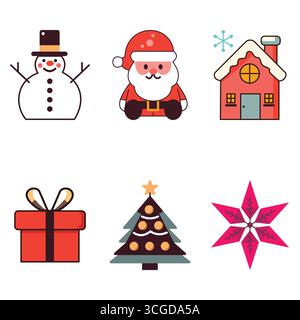 6 Vector Christmas Illustrations set in color full on white background Stock Vector