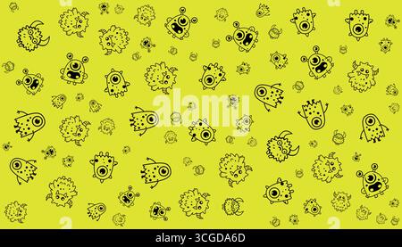 Monsters Cartoon Pattern in Line Vector Wallpaper in black on yellow background Stock Vector