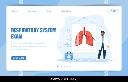 Respiratory system exam. Landing page template. Male Doctor treat tuberculosis. Vector illustration in flat cartoon style Stock Vector