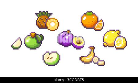 Fruit pixel art collection with pineapple and orange, apple and plum, lemon, and banana for retro gaming assets. Colorful 8 bit style food icons with sliced variations. Classic arcade games assets Stock Vector