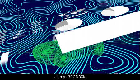 Displaying green wireframe car model hovering over interface with white diagonal bar and pie charts Stock Photo