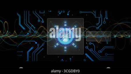 Showing glowing blue hub on grid UI with translucent square overlay, waveforms, circuits and icons Stock Photo