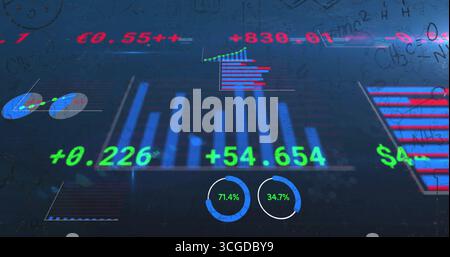 Displaying holographic 3D bar chart at center of virtual dashboard, with numeric labels and gauges Stock Photo