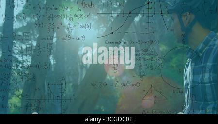 Man wearing glasses, casual shirt analyzing equations on clear board in woods, copy space Stock Photo