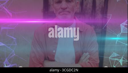 Standing man wearing open shirt in front of wooden door, with neon streaks and wireframe graphics Stock Photo