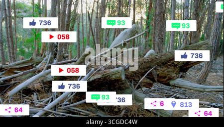 Displaying fallen tree trunk on needle-strewn forest floor, showing social reaction icons Stock Photo