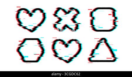 Glitch frame bug shapes with red and cyan distortion for digital interfaces - heart and cross, square, hexagon and triangle corrupted geometric borders with error effects. Cyberpunk design elements Stock Vector