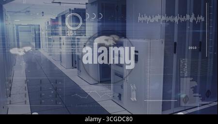 Central server racks glowing with indicator lights in data center corridor, with HUD overlays Stock Photo