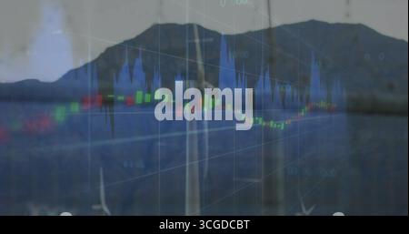 Displaying financial chart overlay over lakeside water, with grid, candlestick bars, histogram Stock Photo