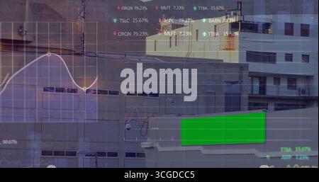 Displaying grey facade on rooftop, with grid overlay, white line graph, colored arrows, green bars Stock Photo