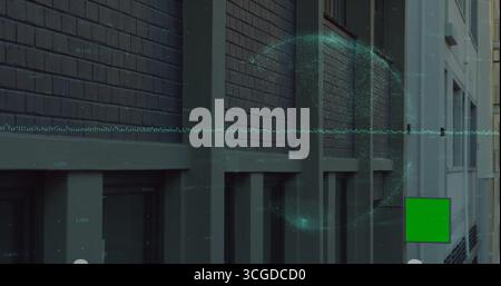 Displaying brick grid and windows on facade with green waveform, particle cloud and square overlay Stock Photo