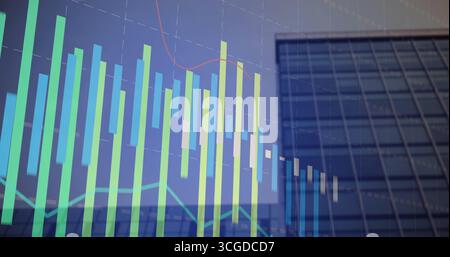 Displaying colored bars with gridlines and axes and red line graph overlaying glass office building Stock Photo