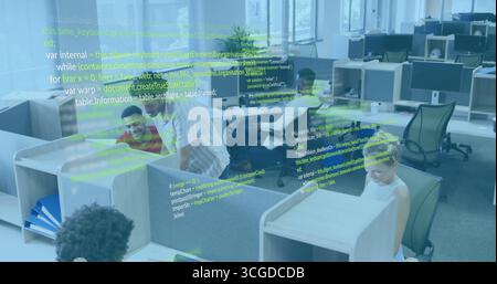 Coding software engineers typing code in open plan office, with monitors and code overlay Stock Photo