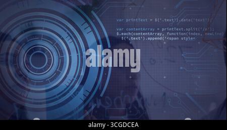 Overlaying circular HUD graphic on professional face in digital interface, with code, copy space Stock Photo