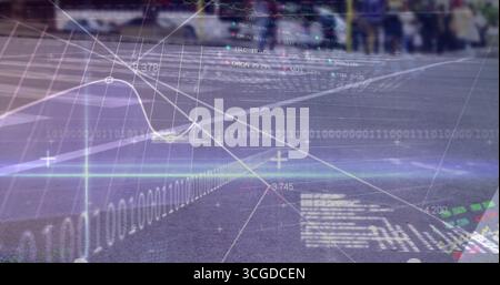 Streaming digital data overlays and binary code on urban street crosswalk with numeric percentages Stock Photo