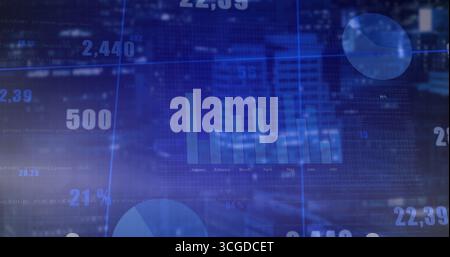 Displaying data overlay over night skyline with bar chart, numeric figures, grid, pie-chart circles Stock Photo