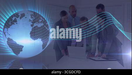 Five professionals in formal attire analyzing laptop, documents in room, digital globe, copy space Stock Photo