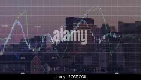 Displaying colored line graphs over skyline at dusk with candlestick bars and percentage labels Stock Photo