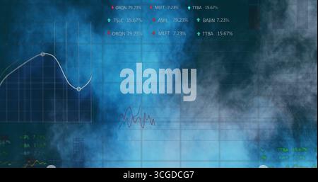 Displaying futuristic digital dashboard in tech control room, with white line graph and smoky mist Stock Photo