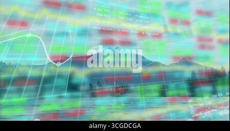 Displaying translucent stock market data overlay over reflective mountain lake with evergreen trees Stock Photo