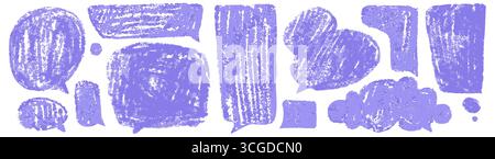 Textured crayon speech bubble collection with hand drawn style - blue chalk strokes and dialogue boxes on white bg. Artistic communication elements for creative messaging or playful graphic designs. Stock Vector