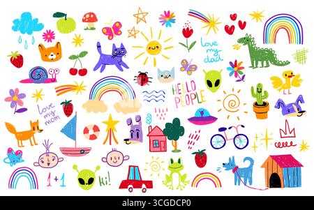 Playful kid rainbow school doodles with colorful animals, fruits and cheerful sun for educational materials or nursery decor. Hand drawn cat, dinosaur with bicycle and happy face for children stickers Stock Vector