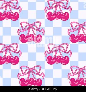Cherry y2k pattern with pink glossy berries and decorative ribbons on blue checkerboard background. Seamless retro fruit with lace motif for textile, wallpaper or nostalgic digital design projects. Stock Vector