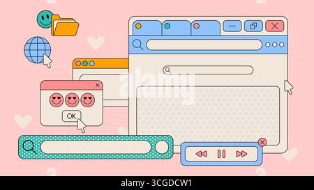 Retro ui interface set with browser windows, popup dialog and media controls for web design. Globe icon with cursor, folder element and smiling emoticons with playback buttons on pink background. Stock Vector