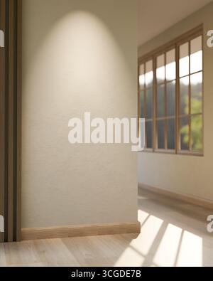 Empty white wall along the parquet floor corridor or hallway of a house with wooden frame windows. House Interiors, 3d rendering, 3d illustrations. Stock Photo