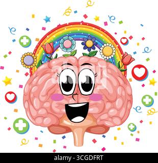 Smiling cartoon brain with rainbow, flowers, and colorful confetti in playful vector style Stock Vector