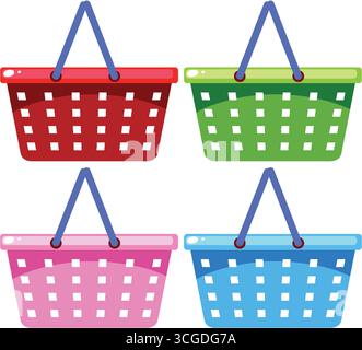 Set of four colorful shopping baskets in red, green, pink, and blue, flat vector style. Stock Vector