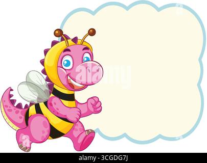 Smiling pink dinosaur wearing bee costume, walking beside blank speech bubble, bright vector style Stock Vector
