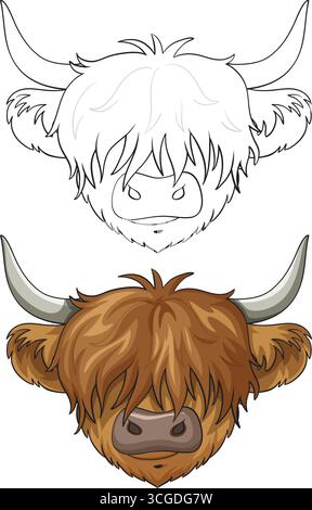 Cartoon Highland cow head, front view, with shaggy fur in colored and outline vector styles. Stock Vector
