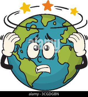 Cartoon Earth vector with worried face and spinning stars, bold outlines, and vibrant colors. Stock Vector