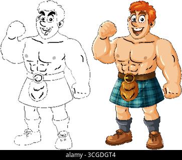 Muscular cartoon man in tartan kilt, shown in color and outline, bold lines, vibrant colors. Stock Vector