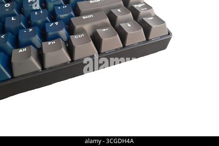 Detailed close-up of a modern mechanical keyboard, featuring stylish two-tone blue and gray keycaps. Ideal for gamers, tech enthusiasts, and professio Stock Photo