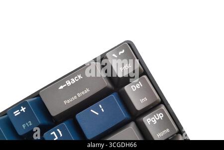Detailed close-up of a modern mechanical keyboard, featuring stylish two-tone blue and gray keycaps. Ideal for gamers, tech enthusiasts, and professio Stock Photo