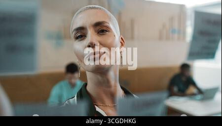 Brainstorming, glass wall and planning with business woman in coworking office for development. Mindmap, sticky note and strategy with designer at Stock Photo