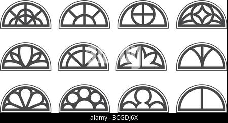 Gothic glass semicircle rose windows set. Medieval vector frames silhouettes. Circular vintage stained glass outline illustrations on white background Stock Vector