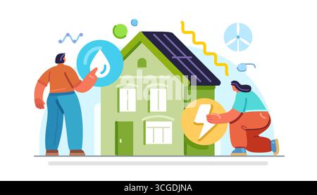 House ecology services. Green electricity eco concept. Energy efficiency, solar panels Stock Vector