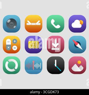 A modern collection of 12 colorful flat mobile app icons featuring common UI functions like camera, phone, calculator, clock, navigation, weather, dow Stock Vector