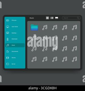 A sleek dark mode file manager interface displaying an organized music folder with song files Stock Vector