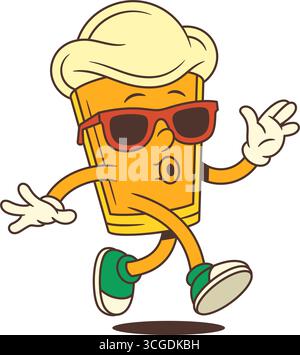 Energetic yellow cartoon beer glass mascot with large foamy head running while whistling and wearing stylish red sunglasses. Ideal for brewery brandin Stock Vector