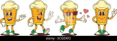 Cartoon beer mascot character shows peace, ok sign and kiss gesture while expressing cheerful emotions through animated face and playful movements. Ve Stock Vector