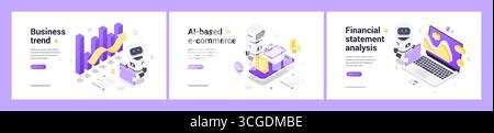 Modern isometric web banner set with AI robot, business trend analytics, e commerce automation, financial data analysis, growth chart, digital interfa Stock Vector